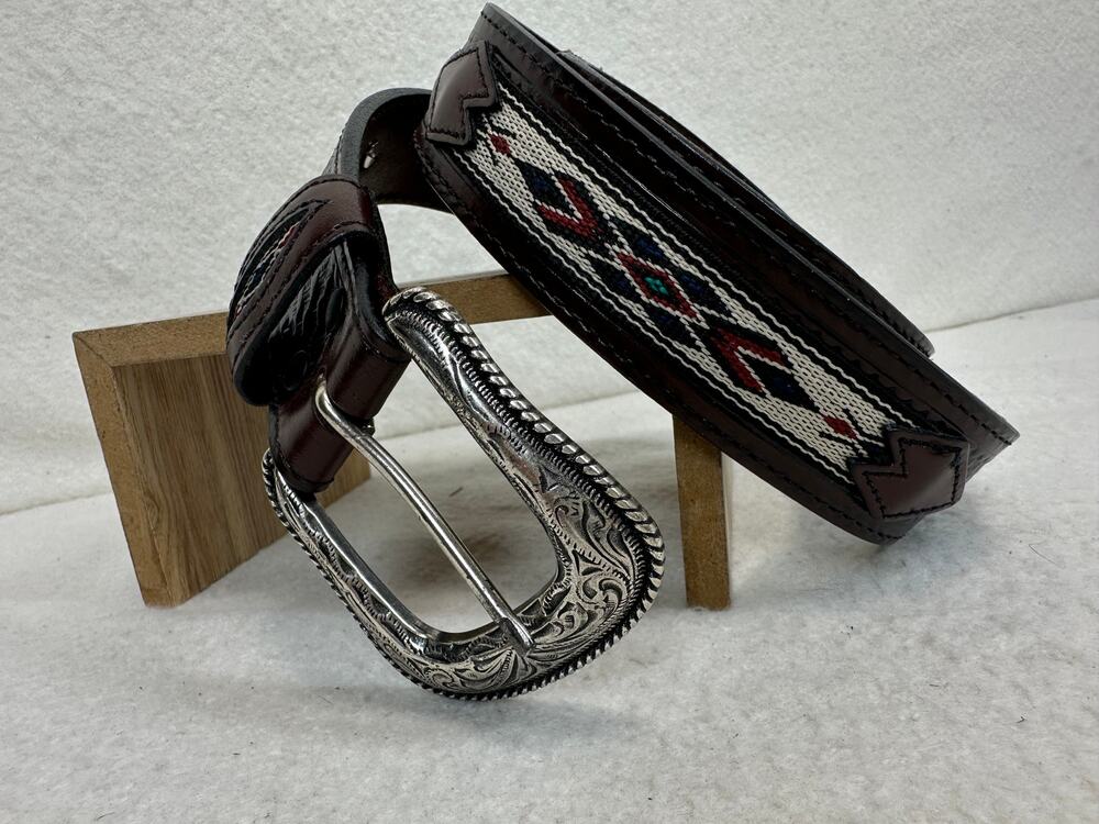 Western Brown Leather Belt Tooled Basketweave Embroidered Keeps & Conchos SZ 42